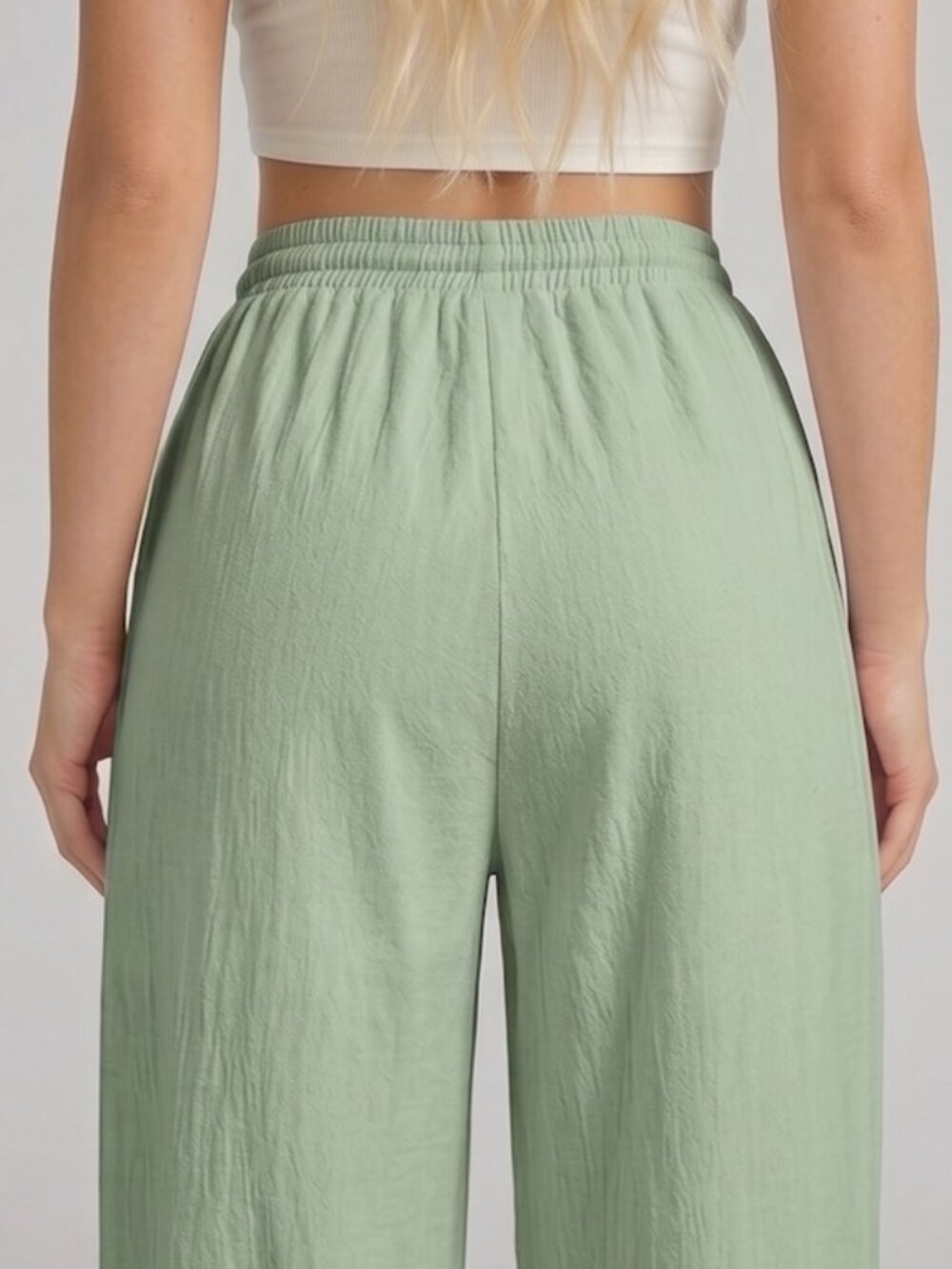100% Cotton Drawstring Waist Wide Leg Pants Mint Green - Picture 4 of 5